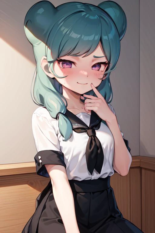 masterpiece,best quality,absurdres,1girl,beta_ie,white shirt,black skirt,(black neckerchief:1.1),(black ribbon:1.1),seductive smile,pink eyes,<lora:Beta:1>,
blush,shy,embarrass,
bedroom,close-up,
