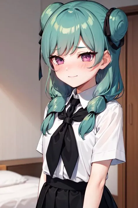 masterpiece,best quality,absurdres,1girl,beta_ie,white shirt,black skirt,(black neckerchief:1.1),(black ribbon:1.1),seductive smile,pink eyes,<lora:Beta:0.8>,
blush,shy,embarrass,
bedroom,close-up,upper body,