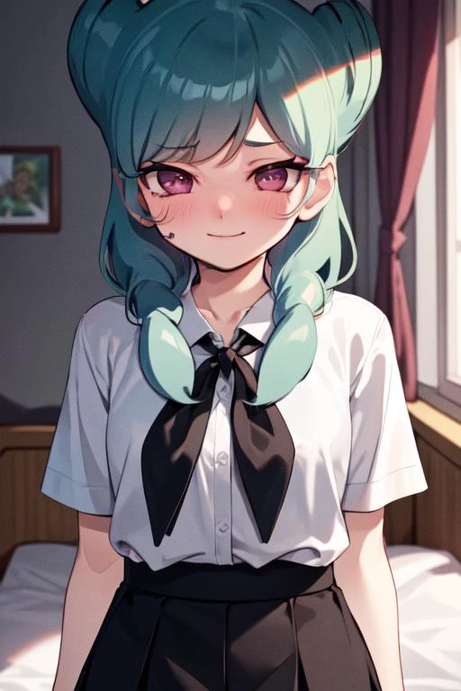 masterpiece,best quality,absurdres,1girl,beta_ie,white shirt,black skirt,(black neckerchief:1.1),(black ribbon:1.1),seductive smile,pink eyes,<lora:Beta:1.0>,
blush,shy,embarrass,
bedroom,close-up,upper body,
