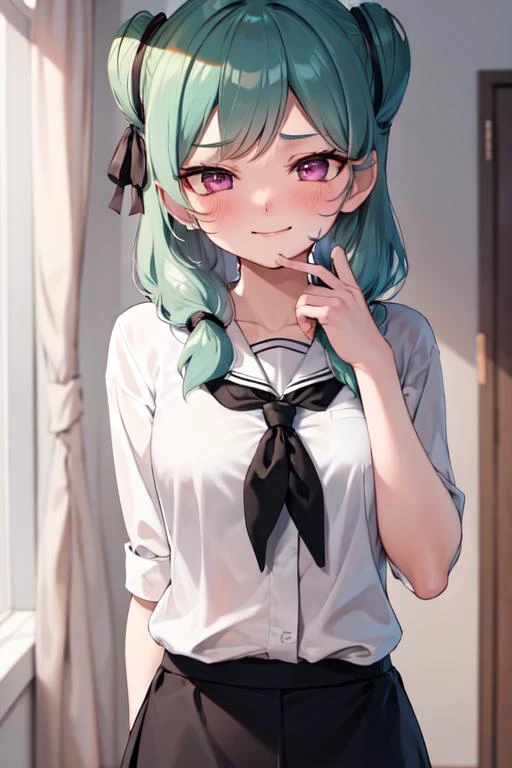 masterpiece,best quality,absurdres,1girl,beta_ie,white shirt,black skirt,(black neckerchief:1.1),(black ribbon:1.1),seductive smile,pink eyes,<lora:Beta:0.8>,
blush,shy,embarrass,
bedroom,close-up,upper body,