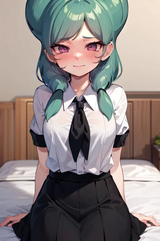 masterpiece,best quality,absurdres,1girl,beta_ie,white shirt,black skirt,(black neckerchief:1.1),(black ribbon:1.1),seductive smile,pink eyes,<lora:Beta:1>,
blush,shy,embarrass,
bedroom,close-up,