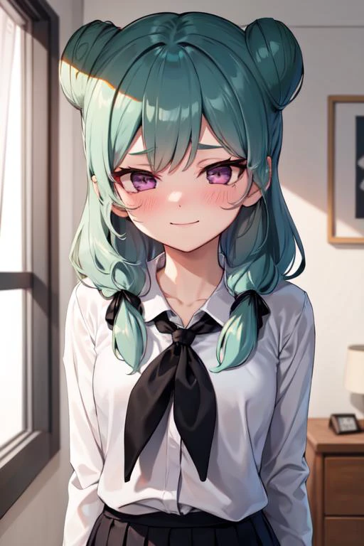 masterpiece,best quality,absurdres,1girl,beta_ie,white shirt,black skirt,(black neckerchief:1.1),(black ribbon:1.1),seductive smile,pink eyes,<lora:Beta:0.8>,
blush,shy,embarrass,
bedroom,close-up,upper body,