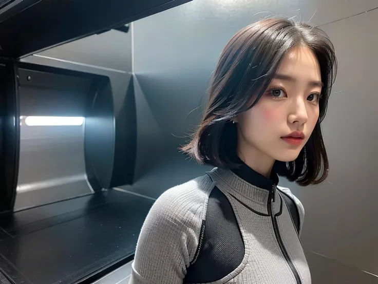 outdoor, ((upper body)), ((( wearing gray and black nano-suits)))+++, (wide hip:0.7, large breasts:0.8, perfect slender young girl body) ,Perfectly glossy skin ,25 yo mature girl, , picture of a vivid, (masterpiece:1.2),(extremely detailed),(8k:1.1),(perfect lighting,best quality,highres,original),(realistic photography:1.4) ,high detailed skin,shaded face, soft lighting, (small face),RAW, ultra highres, pores visible, , shiny_and_glossy_skin, asian beauty, (gorgeous beautiful 20 years old asian girl), ((best detailed slender body)), (asian idol, asian beauty, asian mixed), (complex, Machine background ,spaceship outdoors background, Mecha Transport parts:1.2), (dark and foggy environment:1.1), ((heavy fog environment:1.1)), (battlefield behind:1.2), <lora:JapaneseDollLikeness_v15:0.3>