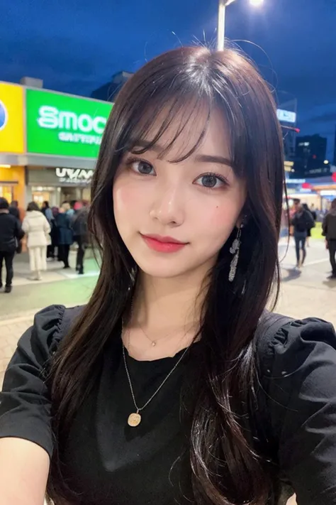(8k, RAW photo, best quality, masterpiece:1.2), ultra detailed, ultra high res,
(realistic, photo realistic:1.37), portrait, high detail RAW color photo, professional photograph,
an extremely delicate and beautiful, extremely detailed, 8k wallpaper, Amazing, finely detail, huge file size, official art, extremely detailed CG unity 8k wallpaper,
extremely detailed beautiful girl, extremely detailed face, extremely detailed eyes, extremely detailed skin, extremely detailed fingers, extremely detailed nose, extremely detailed mouth, perfect anatomy, highly detailed background, extremely detailed clothing,
1girl, (18 years old:1.2), teenage, cute girl, famous japanese idol, kawaii,
(small breasts:1.2), realistic body, petite,
fair skin, shiny skin, slender body, good figure,
black hair, long straight hair, (blunt bangs:1.2),
smile, cute, young, cute face, baby face, realistic face,
beautifully detailed eyes, drooping eyes, beautiful big eyes,
(smock blouse:1.2), skirt, thigh, necklace, earrings,
looking at viewer, cowboy shot, face the front, (selfie:1.1), reaching out,
outdoors, (night:1.2), neon city, neon light, neon sign, public, crowd,
dynamic lighting,
<lora:test_01:0.2> , <lora:test_02:0.1>,