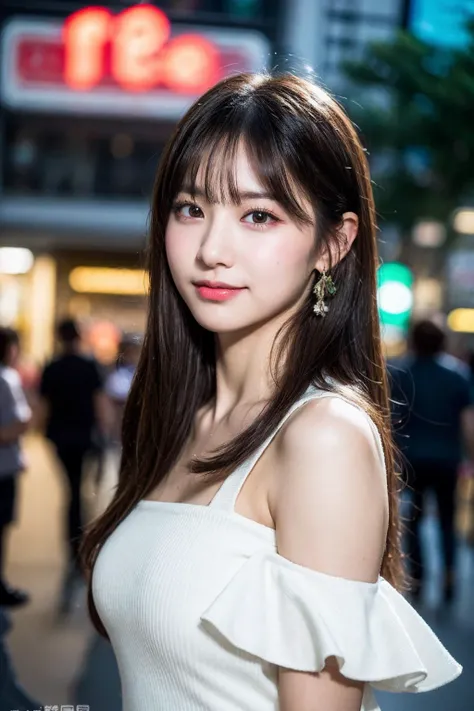 Random pose, Mix 4, (8k, Raw photo, highest quality, masterpiece: 1.45), (Realistic, Photorealistic: 1.37), One Girl, cute, Laughter、Cityscape, night, Professional Lighting, Cafe,street,Photon Mapping, Radio City, Physically Based Rendering, Gradient black hair, Gray Hair, Medium-long loose hair, Handsome, With a girl, (Big ample breasts:1.3),Off-the-shoulder dress, highest qualityの写真, High resolution, 1080p, (Clear Face), (Detailed face description), (Detailed hand description), (masterpiece), Lifelike, Extreme light and shadow, Disheveled Hair, masterpiece, Rich details, (Beautiful Faces), (highest qualityの写真), (masterpiece), (Finely grained), dual、Look in front of you, Thin clavicle,Emphasis on armpits、Show lower milk、Her voluptuous thighs are visible through the slit.、Head to knee photo