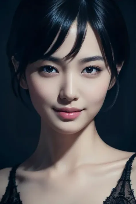 masterpiece, best quality, highres,8k, portrait,female orgasm ,beautiful black short hair, intricate, elegant, highly detailed, majestic, digital photography,looking at viewer,smile,