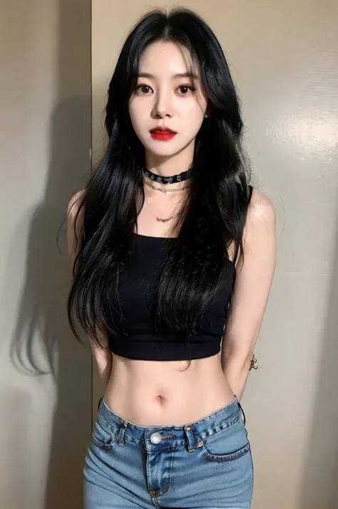 Jang Wonyoung, 1girl, black hair, black nails, bracelet, choker, denim, jeans, jewelry, lips, long hair, midriff, nail polish, navel, necklace, pants, realistic, ring, solo, arms behind back , <lora:zltest:0.5>,<lora:aiGRAVNASHIKOXxX_v1:0.2> ,<lora:fashionGirl_v54:0.3> ,<lora:cuteGirlMix4_v10:0.2>