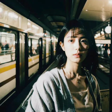 Cinematic Photo of a beautiful korean fashion model bokeh train, medium black hair <lora:80sJapanAnalogFilm_10:0.2> <lora:epi_noiseoffset2:0.2> <lora:FilmVelvia3:0.5> <lora:InstantPhotoX3:0.6>
