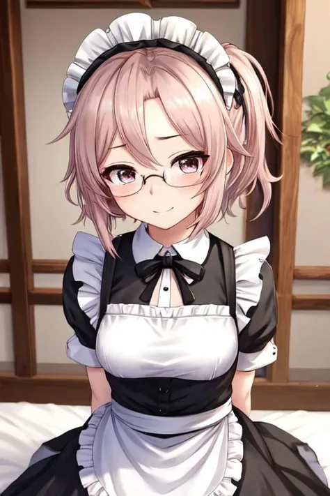 One girl、solo、high resolution、Pink Hair Color、Short Hair、Luxury Lounge、from the front、Pink Hair Color、Pink shortcuts、The hairstyle is short、Wearing glasses、Blue short maid outfit、White knee-high socks、Blue clotheaid clothes、Big Breasts、Holding a red bouquet、