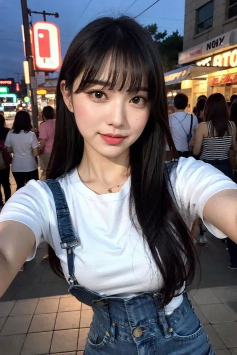 (8k, RAW photo, best quality, masterpiece:1.2), ultra detailed, ultra high res,
(realistic, photo realistic:1.37), portrait, high detail RAW color photo, professional photograph,
an extremely delicate and beautiful, extremely detailed, 8k wallpaper, Amazing, finely detail, huge file size, official art, extremely detailed CG unity 8k wallpaper,
extremely detailed beautiful girl, extremely detailed face, extremely detailed eyes, extremely detailed skin, extremely detailed fingers, extremely detailed nose, extremely detailed mouth, perfect anatomy, highly detailed background, extremely detailed clothing,
1girl, (18 years old:1.2), teenage, cute girl, famous japanese idol, kawaii,
(small breasts:1.2), realistic body, petite,
fair skin, shiny skin, slender body, good figure,
black hair, long straight hair, (blunt bangs:1.2),
smile, cute, young, cute face, realistic face,
beautifully detailed eyes, drooping eyes,
white t shirt, jeans overalls,
looking at viewer, cowboy shot, face the front, (selfie:1.2), reaching out,
outdoors, (night:1.2), neon city, neon light, neon sign, public, crowd,
dynamic lighting,
<lora:japaneseDollLikeness_v15:0.2>