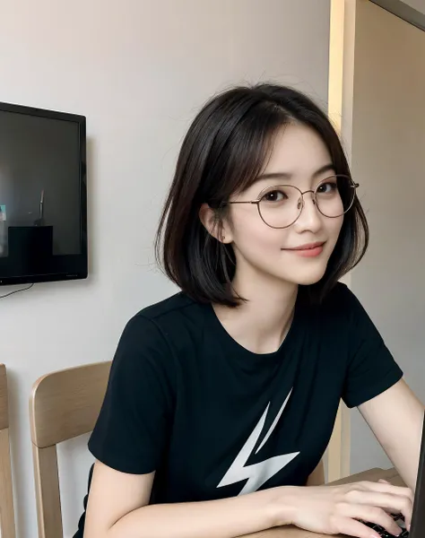 masterpiece, best quality, absolute realism, 1girl, highly detailed, intricate details, (at home, indoors:1.2), (slim, cute, skinny:1.3), natural skin, perfect body anatomy, perfect detailed face, (t-shirt:1.1), detailed background, sitting on chair behind table and working on computer, short (black:1.3) bob hair, (round glasses:1.1), (upper body, looking at viewer:1.1), face focus, happy, warm smile, (closed mouth:1.2), breathtaking, captivating sight, beautiful eyes, <lora:add_detail:0.7>