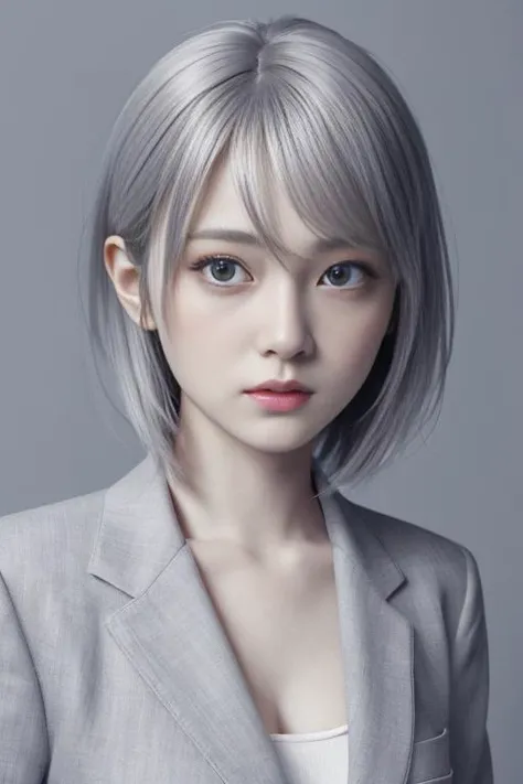 masterpiece,
best quality,
highres,
1girl,
japanese,
professional lighting,
physically-based rendering,
very cute,
big eyes,
extremely detailed eyes and face,
eyes with beautiful details,
(beautiful japanese girl:1.30),
upper body,
grey suit,
grey background,