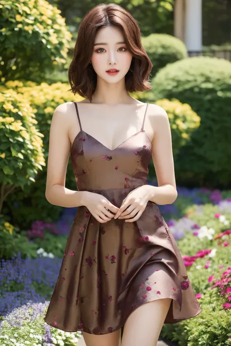 (Best quality, 8k, 32k, Masterpiece, UHD:1.2),Photo of Pretty Japanese woman, 1girl, (medium-short dark brown hair), double eyelid, (cocktail dress), (flower garden)