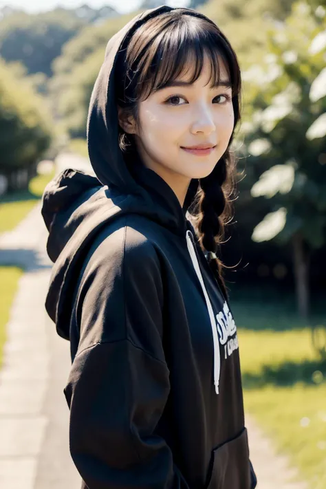 1girl, solo,looking at viewer, fullbody,jewelry, necklace, realistic, brown hair, blurry background, blurry,bangs, black eyes,(hoodie:1.3),braided hair
<lora:Kuphy v1:0.5>
