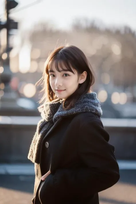 youth,1girl,looking at viewer, full body,jewelry, necklace, realistic, brown hair, blurry background, blurry,bangs, black eyes,paris,fashion,peoples in background, winter coat,
dynamic pose, motion blur,
Warm sun,Winter,snow,