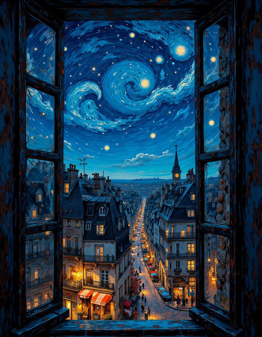 A painting of a city at night with a view of the stars - SeaArt AI