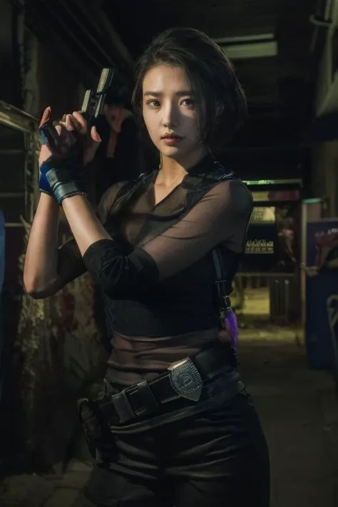 style of fashionmagazine <lora:fashionmagazine:1>,
beautiful koreanracequeen <lora:koreanracequeen:1> holding up a pistol,
wearing navy blue tank top and police tactical gear,
standing in a (dark alleyway filled with zombies:1.3),
ultra realistic, sharp focus, UHD 8K,
film grain, 100mm, Fujifilm XT3, Canon50 DSLR,
color grading, cinematic studio lighting, depth of field,
<lora:epiCRealismHelper:.5>, <lora:add_detail:.5>