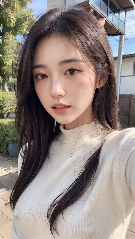 (Best quality, 8k, 32k, Masterpiece, UHD:1.2),Photo of Pretty Japanese woman, <lora:lowra_v10:0.3>,(Detailed long hair),(hair blowing in the wind),ultra detailed brown eyes,ultra detailed human face,ultradetailed teeth,nipples,  <lora:covered_nipples_v20:0.5>, white sweater,garden