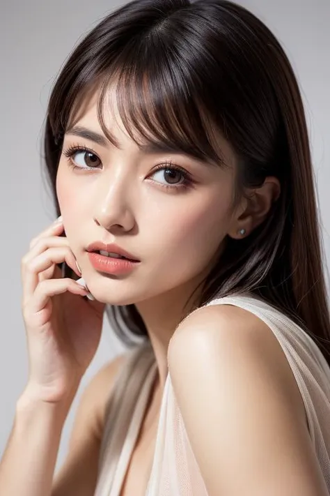 girl, close-up, looking at viewer, wispy swept bangs, hands on own cheeks, portrait, ((sleevless blouse, shawl)), bracelet, pastel manicure, thick eyebrows, simple background, super model, fashion model, parted lips, (High Key Lighting, makeup), blush, rouge \(makeup\),
masterpiece, top quality, best quality, official art, unity 8k wallpaper, highres, ultra-high res, ultra-detailed, beautiful and aesthetic, (photorealistic:1.4),  <lora:add_detail:0.5>