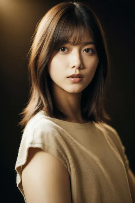 a 20 yo woman,long hair, brown hair, dark theme, soothing tones, muted colors, high contrast, (natural skin texture, hyperrealism, soft light, sharp), ((sharp focus)), looking at the camera, <lora:Wtanaberisa_BRA6:0.9>
