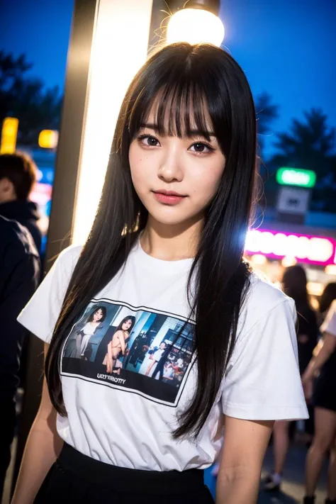 (8k, RAW photo, best quality, masterpiece:1.2), ultra detailed, ultra high res,
(realistic, photo realistic:1.37), portrait, high detail RAW color photo, professional photograph,
an extremely delicate and beautiful, extremely detailed, 8k wallpaper, Amazing, finely detail, huge file size, official art, extremely detailed CG unity 8k wallpaper,
extremely detailed beautiful girl, extremely detailed face, extremely detailed eyes, extremely detailed skin, extremely detailed fingers, extremely detailed nose, extremely detailed mouth, perfect anatomy, highly detailed background, extremely detailed clothing,
1girl, (18 years old:1.2), teenage, cute girl, famous japanese idol, kawaii,
(small breasts:1.2), realistic body, petite,
fair skin, shiny skin, slender body, good figure,
black hair, long straight hair, (blunt bangs:1.2),
smile, cute, young, cute face, realistic face,
beautifully detailed eyes, drooping eyes,
t shirt, skirt,
looking at viewer, cowboy shot, from front, standing,
outdoors, (night:1.2), neon city, neon light, neon sign, public, crowd,
dynamic lighting,
<lora:japaneseDollLikeness_v15:0.2>