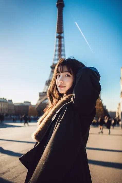 youth,1girl,looking at viewer, full body,jewelry, necklace, realistic, brown hair, blurry background, blurry,bangs, black eyes,paris,fashion,peoples in background, winter coat,
dynamic pose, motion blur,
Warm sun,Winter,snow,