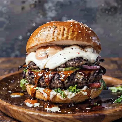 RAW photo, photo, best quality, high quality, masterpiece, high resolution, 4k, hd, dslr, soft lighting, ultra high res, Fujifilm XT, no humans, burger, plate, beautiful, two tone lighting, <lora:epiNoiseoffset_v2:1>, advertisement, foodphoto, <lora:foodphoto:1>
