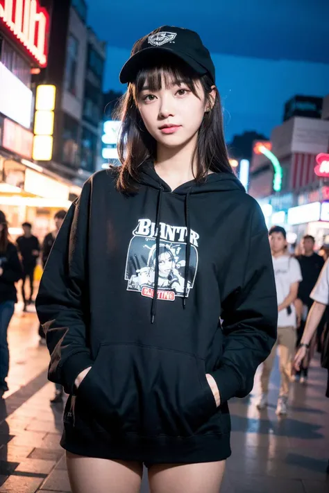 18-year-old,Korean women,holding a small brown glass bottle,(((Dirty neon street at night))),(((Frowning,カメラをGlaring))),(Very fine eye), (((Wearing a long black hoodie,Wearing baggy pants))),(((Collapsing Building))),(((old buildings))),((photograph)),((A woman near a garbage dump)),(((Fabric Shading))), (((highest quality))), (((masterpiece))) strong girl, ((((Realistic)))), I have a card,Black Hair, chic hairstyle, ((With bangs,Straight medium bob cut, nice hair)), Light makeup,Red eyes, (((I'm not wearing lipstick))), (nice, strong), (((Strong night atmosphere))), Centered Images, Looking at the camera, Elegant colors,Realistic Skin,Realistic texture,8k,whole body,Pale skin, (((Dirty garbage dump))),A huge amount of trash,Red iris,Expressionless,Glaring,Perfect Face,(((Big eyes))),She is wearing wide black baggy pants,Mouth closed, portrait of aespaのウィンター,She is wearing black streetwear, Woman in black streetwear, 黒いハイテクな服を着た女性のphotograph, Girl wearing black hoodie, Cyberpunk Streetwear, Cyberpunk Streetwear street fashion e-girl,