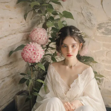 (RAW photo, best quality),(realistic, photo-realistic:1.3),8k uhd,dslr,soft lighting,high quality,film grain,1girl,collarbone,looking at viewer,sitting,take a bath,solo,(stone wall,flower, indoors),stool,stunning environment,vibrant colors,Rackflower,<lora:Rackflowerv2:1.3>,detailed skin,<lora:skin_texture_v2:1>,bathroom,(speckle:0.7),