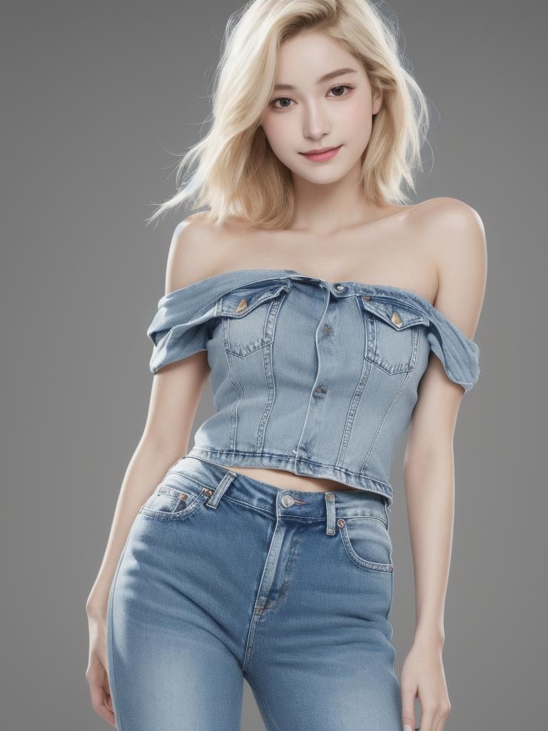 A woman in a denim top and jeans posing for a picture - SeaArt AI