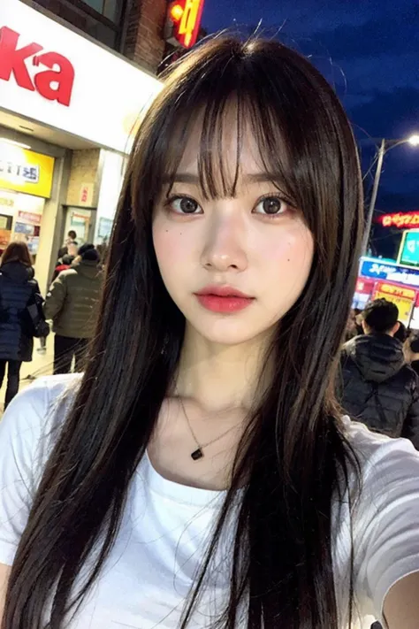 (8k, RAW photo, best quality, masterpiece:1.2), ultra detailed, ultra high res,
(realistic, photo realistic:1.37), portrait, high detail RAW color photo, professional photograph,
an extremely delicate and beautiful, extremely detailed, 8k wallpaper, Amazing, finely detail, huge file size, official art, extremely detailed CG unity 8k wallpaper,
extremely detailed beautiful girl, extremely detailed face, extremely detailed eyes, extremely detailed skin, extremely detailed fingers, extremely detailed nose, extremely detailed mouth,  perfect anatomy, highly detailed background, extremely detailed clothing,
1girl, (18 years old:1.2), teenage, cute girl, famous japanese idol, kawaii,
(small breasts:1.2), realistic body, petite,
fair skin, shiny skin, slender body, good figure,
black hair, long straight hair, (blunt bangs:1.2),
smile, cute, young, cute face, realistic face,
beautifully detailed eyes, drooping eyes,
white t shirt, skirt, necklace, earrings,
looking at viewer, cowboy shot, face the front, standing posture, contrapposto,
outdoors, (night:1.2), neon city, neon light, neon sign, public, crowd,
dynamic lighting, HDR,
<lora:test_01:0.2> , <lora:test_02:0.2>,