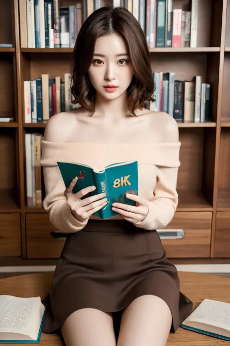 (Best quality, 8k, 32k, Masterpiece, UHD:1.2),Photo of Pretty Japanese woman, 1girl, (medium-short dark brown hair), double eyelid, fashion model, off-shoulder top, skirt, sitting, reading novel, open book, bookshelf, Tokyo
