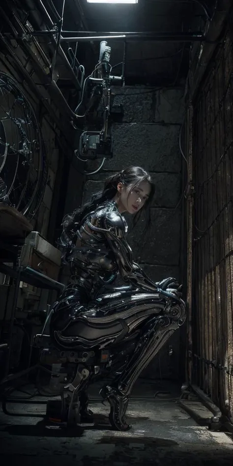(masterpiece,best quality:1.3), (ultra-detailed:1.3), (highly detailed CG illustration), (an extremely delicate and beautiful), (highly detailed worn metal texture:1.3), dark mood, lens flare,
(machine made joints), mechanical limbs:0.5, blood vessels connected to tubes, mechanical vertebra attaching to back, mechanical cervical attaching to neck, wires and cables attaching to neck and body, show back,
(1mechanical girl), (((full body))), expressionless, sitting, from side, huge breast, <lora:muscleGirl_v1:1>
(((cinematic look))), cinematic light, RAW photo, cinematic masterpiece, majestic epic composition, character focus, science fiction, (movie scene), full shot, epic dynamic frame, dynamic pose, motion blur, sci-fi, cyber, , rim light, film grain, natural skin texture, 24mm, 4k textures,