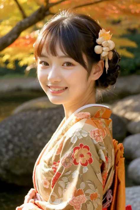(realistic:1.3), finely detailed, quality, rembrandt lighting, (masterpiece:1.2), (photorealistic:1.2), (best quality), (detailed skin:1.3), (intricate details), dramatic, ray tracing, 1girl, japanese girl, 21 years old, detailed skin texture, (blush:0.5), (goosebumps:0.5), subsurface scattering, smiling, medium breasts, updo hair, bangs, hair between eyes, hair ornaments, kimono, floral print, obi, edgJF_clothing, wearing edgJF_kimono, seiza (bright sunny day, autumn setting, autumn trees and leaves, (zen garden:1.2)), <lora:edgJapaneseFall:1>