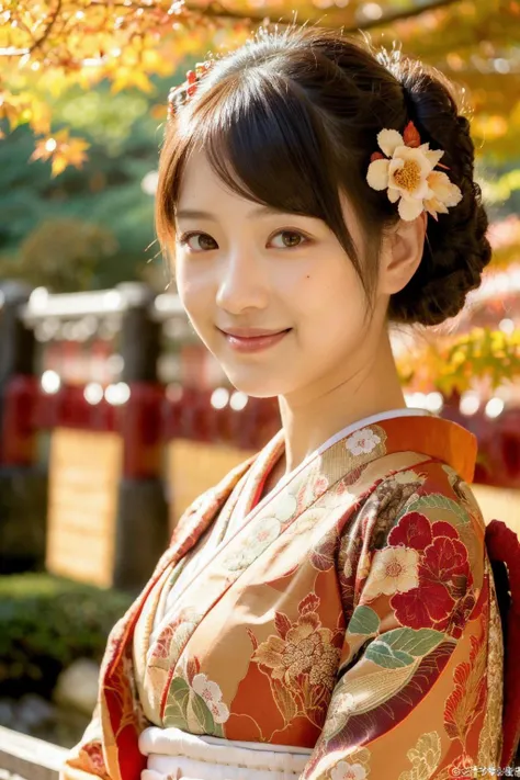 (realistic:1.3), finely detailed, quality, rembrandt lighting, (masterpiece:1.2), (photorealistic:1.2), (best quality), (detailed skin:1.3), (intricate details), dramatic, ray tracing, 
1girl, japanese girl, 21 years old, detailed skin texture, (blush:0.5), (goosebumps:0.5), subsurface scattering, smiling, medium breasts, updo hair, bangs, hair between eyes, hair ornaments, kimono, floral print, obi, edgJF_clothing, wearing edgJF_kimono, (bright sunny day, autumn setting, autumn trees and leaves, many torii gates, torii gate tunnel), 
<lora:edgJapaneseFall:1>
