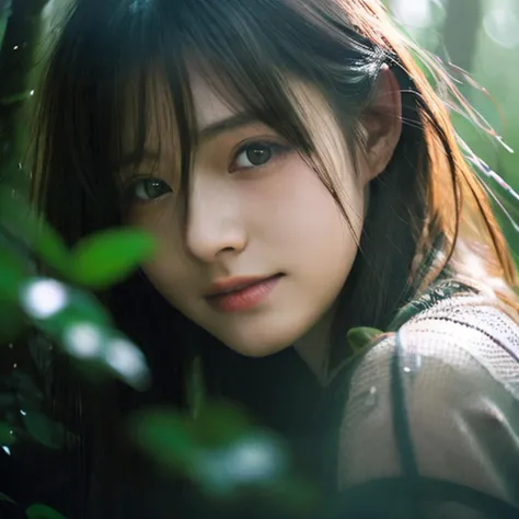 beautiful face, best quality,ultra high resnatural light, shiny skin,detailed skin,detailed face,detailed eyes, beautiful japanese girl, in the deep forest, (fog:1.2), raining, puddle, mist, water, pour down, many trees
