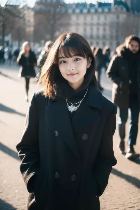 youth,1girl,looking at viewer, full body,jewelry, necklace, realistic, brown hair, blurry background, blurry,bangs, black eyes,paris,fashion,peoples in background, winter coat,
dynamic pose, motion blur,
Warm sun,Winter,snow,