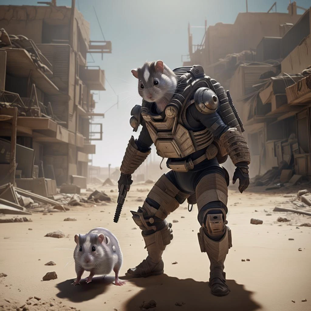 (((1hamster))),wearing power armor,((((no helmet)))). He is holding a massive, oversized laser rifle. The background is a post-apocalyptic wasteland, radiation signs, and raiders.(realistic), (photorealistic), ((masterpiece)), ((best quality)), (detailed), cinematic, natural lighting, soft shadow, detailed background, photography, depth of field, intricate, detailed face, subsurface scattering, <lora:Clothing - DesertPunk Armor:0.5> des3rt4rmor <lora:Hamster:0.5> hamster,