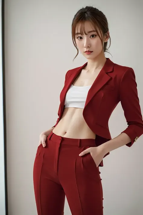 Photo of a Pretty Korean woman 21 year old, detailed_face, (best_quality:1.3) 8k,absurdres, film photography, Kodak film, affectionate, slender, fit, cropped top under sleek dark red blazer, lowleg pants, abs