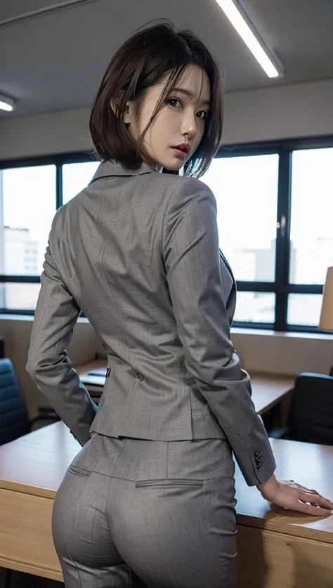 (Best quality, 8k, 32k, Masterpiece, UHD:1.2), 1girl, beautiy Japanese woman, narrow waist, grey suit, open jacket, <lora:LowRA:0.3>, office lady, <lora:pst_v1:0.5>,suit, pants, from behind, office room, desk,  <lora:DDcowfeet_v1:0.3>,(stick out one's buttocks:1.2), detailed face, short hair, <lora:Oriental_Beauty_2:0.3>, looking at viewer