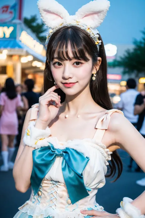 (8k, RAW photo, best quality, masterpiece:1.2), ultra detailed, ultra high res,
(realistic, photo realistic:1.37), portrait, high detail RAW color photo, professional photograph,
an extremely delicate and beautiful, extremely detailed, 8k wallpaper, Amazing, finely detail, huge file size, official art, extremely detailed CG unity 8k wallpaper,
extremely detailed beautiful girl, extremely detailed face, extremely detailed eyes, extremely detailed skin, extremely detailed fingers, extremely detailed nose, extremely detailed mouth, perfect anatomy, highly detailed background, extremely detailed clothing,
1girl, (18 years old:1.2), teenage, cute girl, famous japanese idol, kawaii,
(small breasts:1.2), realistic body, petite,
fair skin, shiny skin, slender body, good figure,
black hair, long straight hair, (blunt bangs:1.2),
smile, cute, young, cute face, baby face, realistic face,
beautifully detailed eyes, drooping eyes, beautiful big eyes,
sweet_lolita,
looking at viewer, cowboy shot, face the front, standing posture, contrapposto,
outdoors, (night:1.2), amusement park in the background,
dynamic lighting,
<lora:test_01:0.2> , <lora:test_02:0.1>, <lora:sweetLolita_v10:0.7>