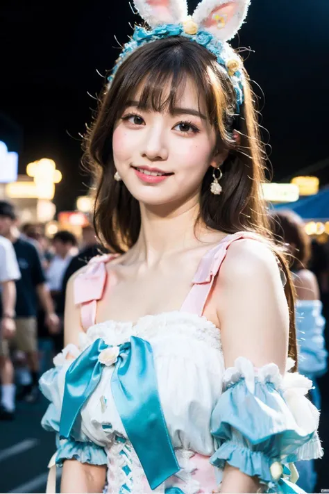 (8k, RAW photo, best quality, masterpiece:1.2), ultra detailed, ultra high res,
(realistic, photo realistic:1.37), portrait, high detail RAW color photo, professional photograph,
an extremely delicate and beautiful, extremely detailed, 8k wallpaper, Amazing, finely detail, huge file size, official art, extremely detailed CG unity 8k wallpaper,
extremely detailed beautiful girl, extremely detailed face, extremely detailed eyes, extremely detailed skin, extremely detailed fingers, extremely detailed nose, extremely detailed mouth, perfect anatomy, highly detailed background, extremely detailed clothing,
1girl, (18 years old:1.2), teenage, cute girl, famous japanese idol, kawaii,
(small breasts:1.2), realistic body, petite,
fair skin, shiny skin, slender body, good figure,
black hair, long straight hair, (blunt bangs:1.2),
smile, cute, young, cute face, baby face, realistic face,
beautifully detailed eyes, drooping eyes, beautiful big eyes,
sweet_lolita,
looking at viewer, cowboy shot, face the front, standing posture, contrapposto,
outdoors, (night:1.2), amusement park in the background,
dynamic lighting,
<lora:test_01:0.2> , <lora:test_02:0.1>, <lora:sweetLolita_v10:0.7>