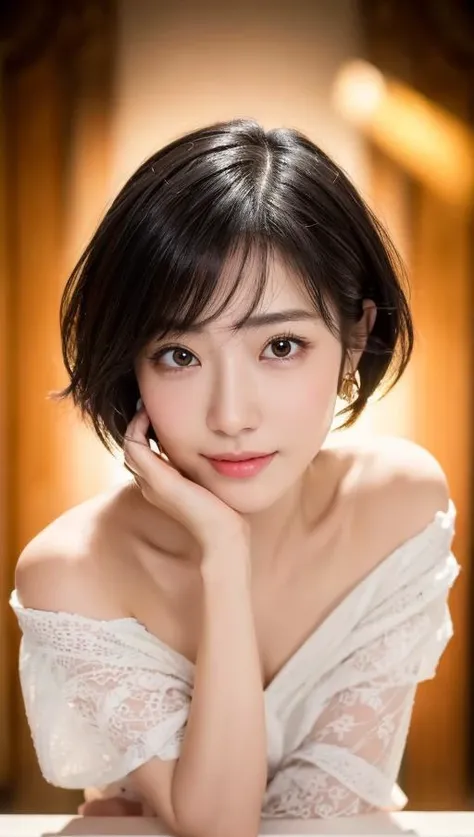 (masterpiece:1.3), (8k, photorealistic, RAW photo, best quality: 1.4), japanese, (1girl), beautiful face, (realistic face), (black hair, short hair:1.3), beautiful hairstyle, realistic eyes, beautiful detailed eyes, (realistic skin), beautiful skin, attractive, ultra high res, ultra realistic, highly detailed, golden ratio, <lora:flat2:-0.5>,(detaled face:1.2),looking at viewer,smile,open white shirt,medium breasts,standing,hand on hip,off shoulder,