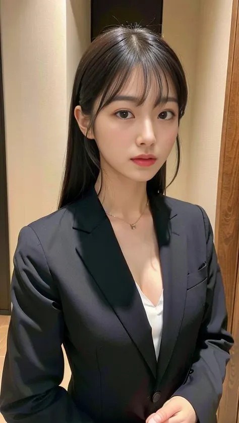 (Best quality, 8k, 32k, Masterpiece, UHD:1.2),Photo of Pretty Japanese woman,(detailed face:1.1), simple black suit, <lora:rikusu:1>,looking at viewer