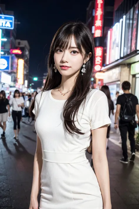 (8k, RAW photo, best quality, masterpiece:1.2), ultra detailed, ultra high res,
(realistic, photo realistic:1.37), high detail RAW color photo, professional photograph,
an extremely delicate and beautiful, extremely detailed, 8k wallpaper, Amazing, finely detail, huge file size, official art, extremely detailed CG unity 8k wallpaper,
extremely detailed beautiful girl, extremely detailed face, extremely detailed eyes, extremely detailed skin, extremely detailed fingers, extremely detailed nose, extremely detailed mouth, perfect anatomy, highly detailed background, extremely detailed clothing,
1girl, (18 years old:1.2), teenage, cute girl, famous japanese idol, kawaii,
(small breasts:1.2), realistic body, petite,
fair skin, shiny skin, slender body, good figure,
black hair, long straight hair, (blunt bangs:1.2),
smile, cute, young, cute face, baby face, realistic face,
beautifully detailed eyes, drooping eyes, beautiful big eyes, large dark eyes, beautiful and clear eyes,
(white dress:1.2), short sleeves, skirt, necklace, earrings,
looking at viewer, cowboy shot, front view, standing posture, contrapposto,
outdoors, (night:1.2), neon city, neon light, neon sign, public, crowd,
dynamic lighting, front lighting,
<lora:test_01:0.2>, <lora:test_02:0.1>, <lora:test_03:-0.5>, <lora:test_05:0.9>, <lora:test_05:0.2>