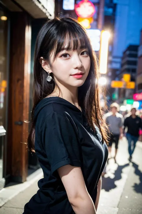 (8k, RAW photo, best quality, masterpiece:1.2), ultra detailed, ultra high res,
(realistic, photo realistic:1.37), high detail RAW color photo, professional photograph,
an extremely delicate and beautiful, extremely detailed, 8k wallpaper, Amazing, finely detail, huge file size, official art, extremely detailed CG unity 8k wallpaper,
extremely detailed beautiful girl, extremely detailed face, extremely detailed eyes, extremely detailed skin, extremely detailed fingers, extremely detailed nose, extremely detailed mouth,  perfect anatomy, highly detailed background, extremely detailed clothing,
1girl, (18 years old:1.2), teenage, cute girl, famous japanese idol, kawaii,
(small breasts:1.2), realistic body, petite,
fair skin, shiny skin, slender body, good figure,
black hair, long straight hair, (blunt bangs:1.2),
smile, cute, young, cute face, baby face, realistic face,
beautifully detailed eyes, drooping eyes, beautiful big eyes, large dark eyes, beautiful and clear eyes,
(hoodie:1.2), short sleeve, short pants, thigh, necklace, earrings,
looking at viewer, cowboy shot, front view, standing posture, contrapposto,
outdoors, (night:1.2), neon city, neon light, neon sign, public, crowd,
dynamic lighting, front lighting,
<lora:test_01:0.2>, <lora:test_02:0.1>, <lora:test_03:-0.5>, <lora:test_04:0.9>, <lora:test_05:0.2>
