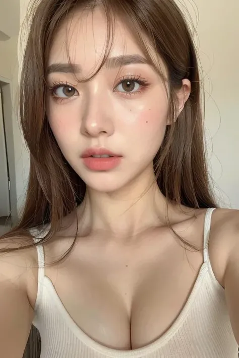 8k, best quality, masterpiece, ultra highres:1.2, RAW photo), (realistic, photo realistic:1.33), Photo of Pretty Japanese doll, 1girl, solo, pretty doll, long hair, (bangs), brown hair, double eyelid, dark eyes, cosmetic contact lenses, big eyes, perfect anatomy, golden ratio, detailed beautiful face, solid circle eyes, (perfect eyes, detailed eyes), (detailed facial features), beautiful and clear eyes, detail eye pupil, aquiline nose, lip gloss, lips, cheek, blush, beautiful makeup, fair skin, shiny skin, slender body, thin thighs, narrow waist, beautiful hands, white tank top, tank top, bratops, spaghetti strap, denim shorts, belly button, shoulders, front