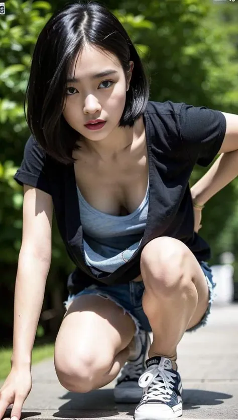 (Best quality, 8k, 32k, Masterpiece, UHD:1.2),Photo of Pretty Japanese woman,18 years old,black short hair,l(eaning forward:1.3),squatting,(from above:1.3),pov, <lora:downblouse-v1:1>,loose t-shirt,(denim shorts:0.8),detailed small breast,nipple slip,wearing sneakers,outdoors