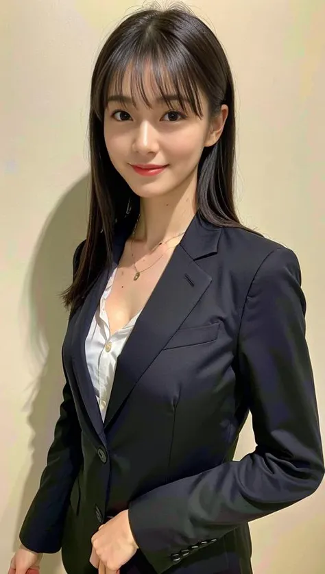 (Best quality, 8k, 32k, Masterpiece, UHD:1.2),Photo of Pretty Japanese woman,(detailed face:1.1), simple black suit, <lora:rikusu:1>,looking at viewer,upper body,necklace,medium breasts,dress shirt,smile,skirt