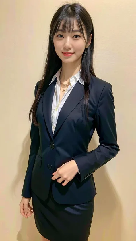 (Best quality, 8k, 32k, Masterpiece, UHD:1.2),Photo of Pretty Japanese woman,(detailed face:1.1), simple black suit, <lora:rikusu:1>,looking at viewer,upper body,necklace,dress shirt,smile,skirt